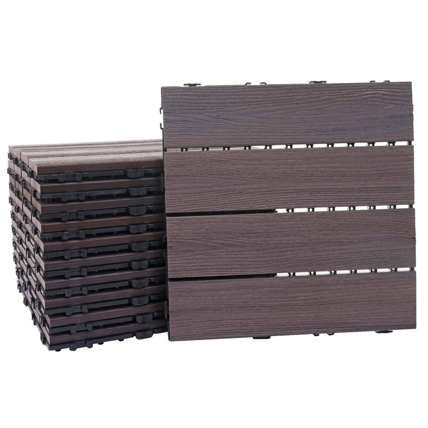 BERLINLODGE WPC Bodenfliese 11x Je BxT 30x30cm Holzoptik Balkon Terrasse 3D-Struktur Linear Grau-Braun