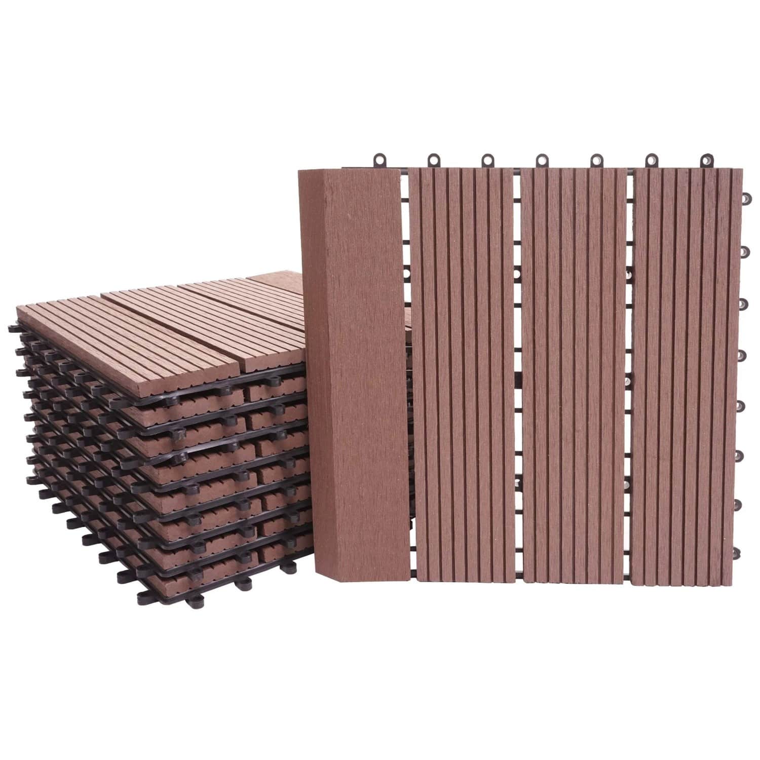 BERLINLODGE WPC Bodenfliese Mit Abschluss 11x Je BxT 30x30cm Premium Holzoptik Balkon Terrasse Coffee Linear Senkrecht