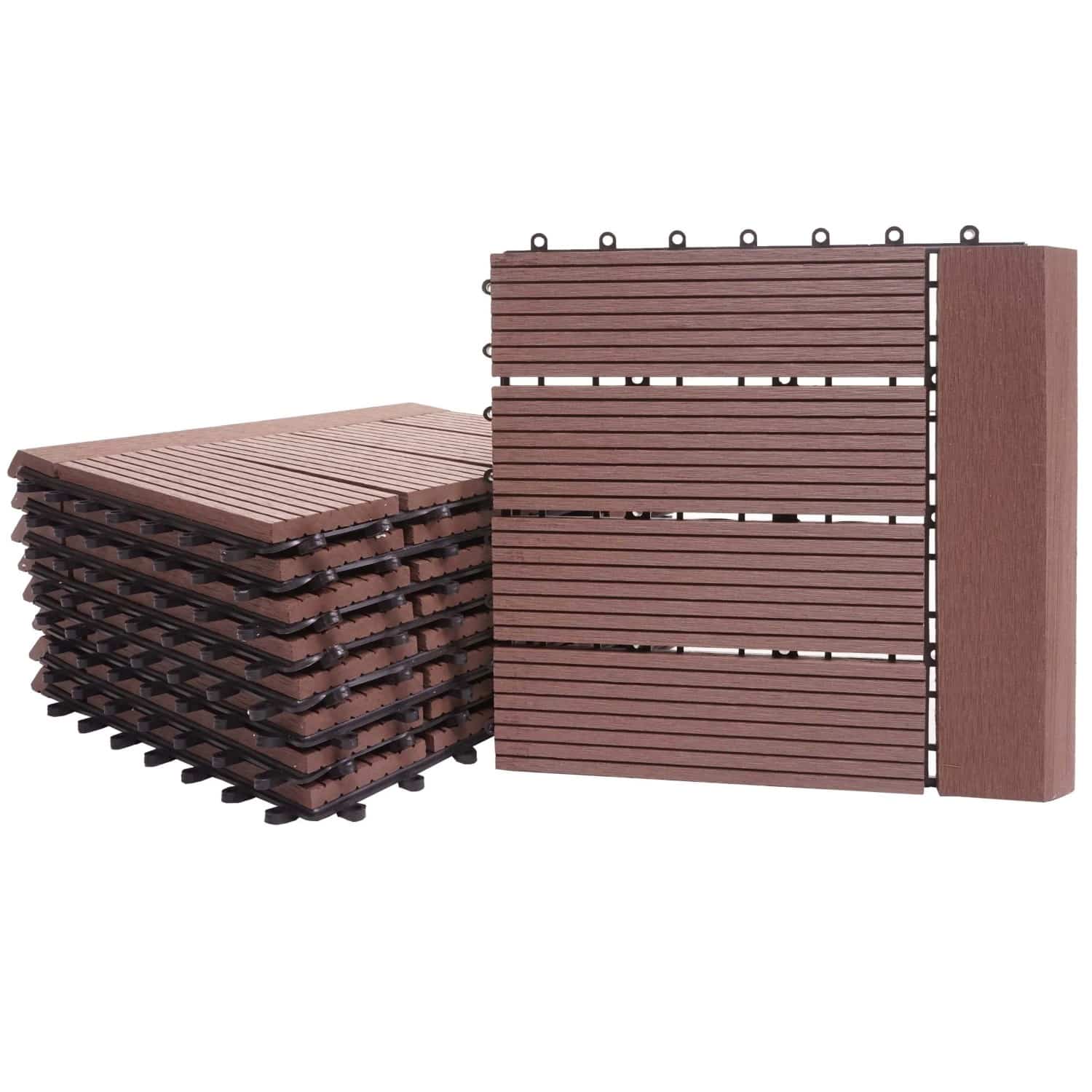 BERLINLODGE WPC Bodenfliese Mit Abschluss 11x Je BxT 30x30cm Premium Holzoptik Balkon Terrasse Coffee Linear Waagrecht