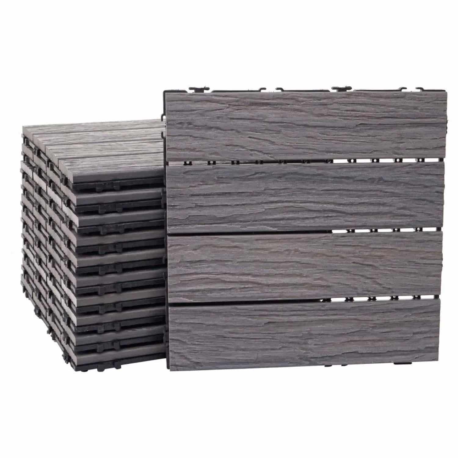 MCW WPC Bodenfliese E19 Holzoptik Balkon/Terrasse 3D-Struktur Linear antik-Braun 11x Je 30x30cm - 1qm