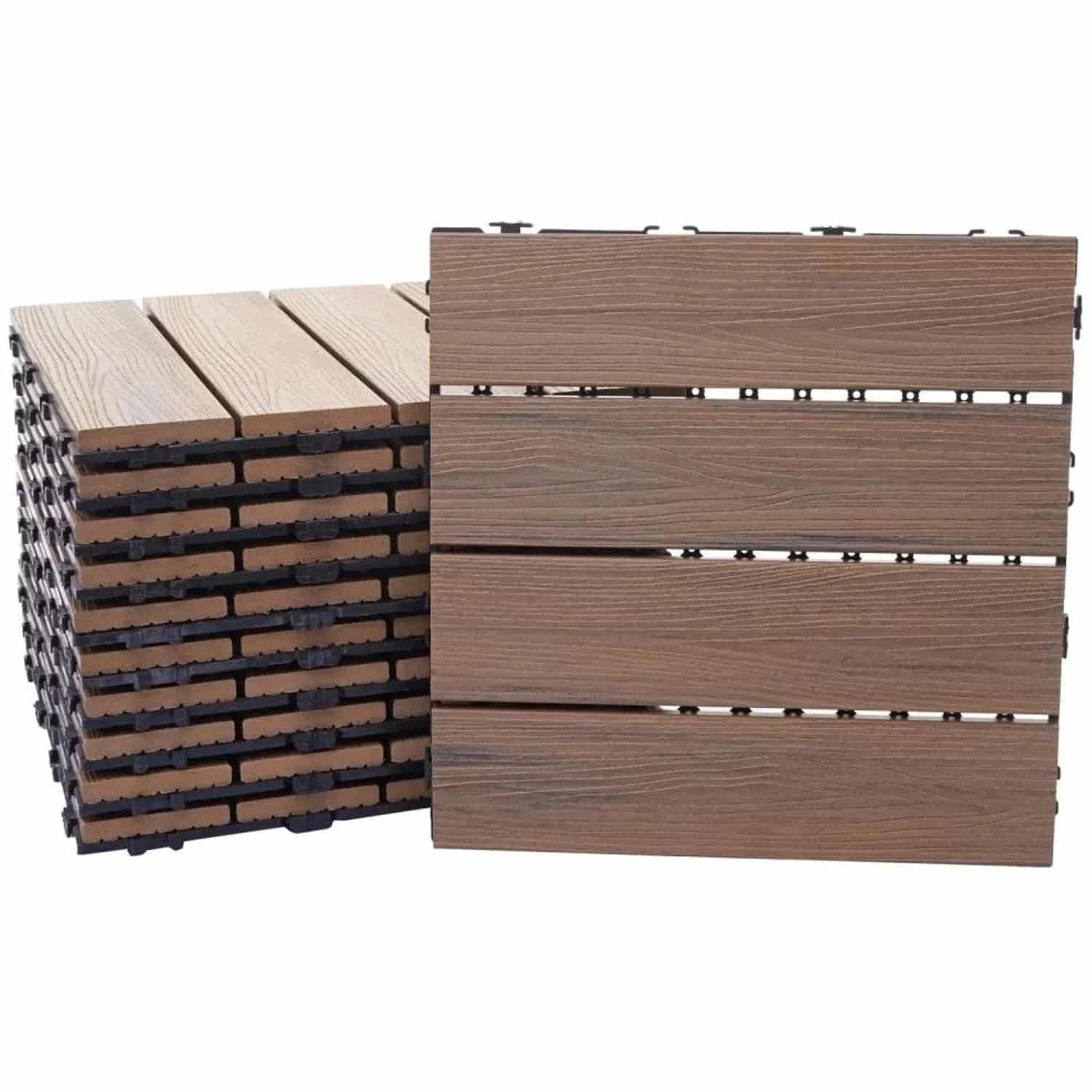 MCW WPC Bodenfliese E20 Holzoptik Balkon/Terrasse 3D-Struktur Linear 11x Je 30x30cm - 1qm Geprägt-Braun