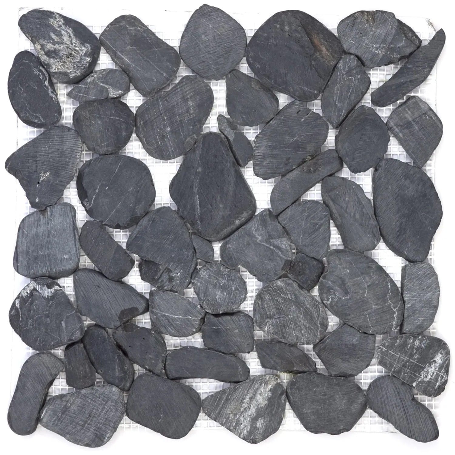 Mosaikmatte Flusskiesel Flach Schwarz Matt 30 cm x 30 cm